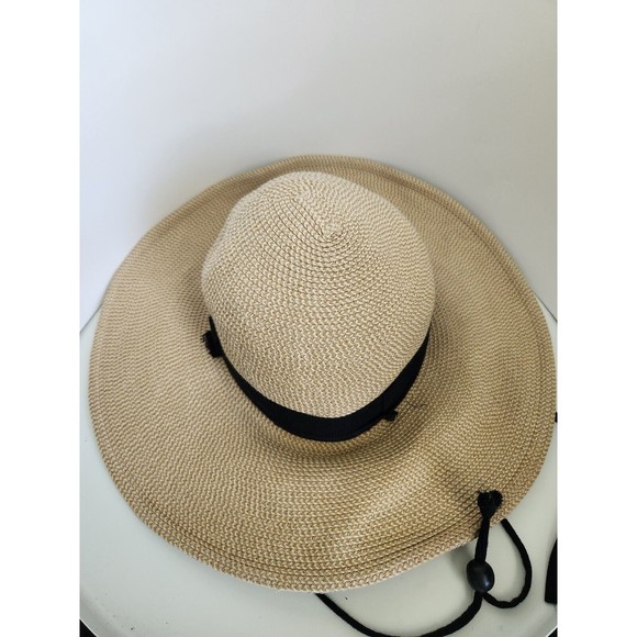 SOLAR ESCAPE Woven Sun Hat Wide Brim Beige w Black Band One Size Adjustable Brim - Picture 1 of 6